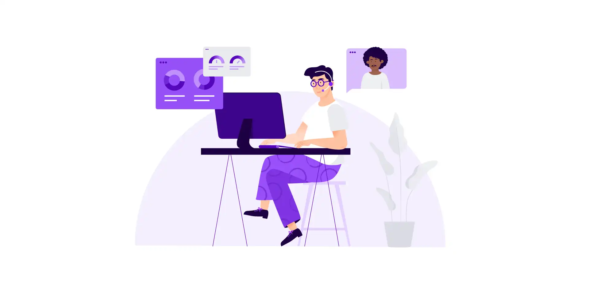 contact center agent siting at a desk with a computer looks at the average speed of answer to speak to the woman customer in the back