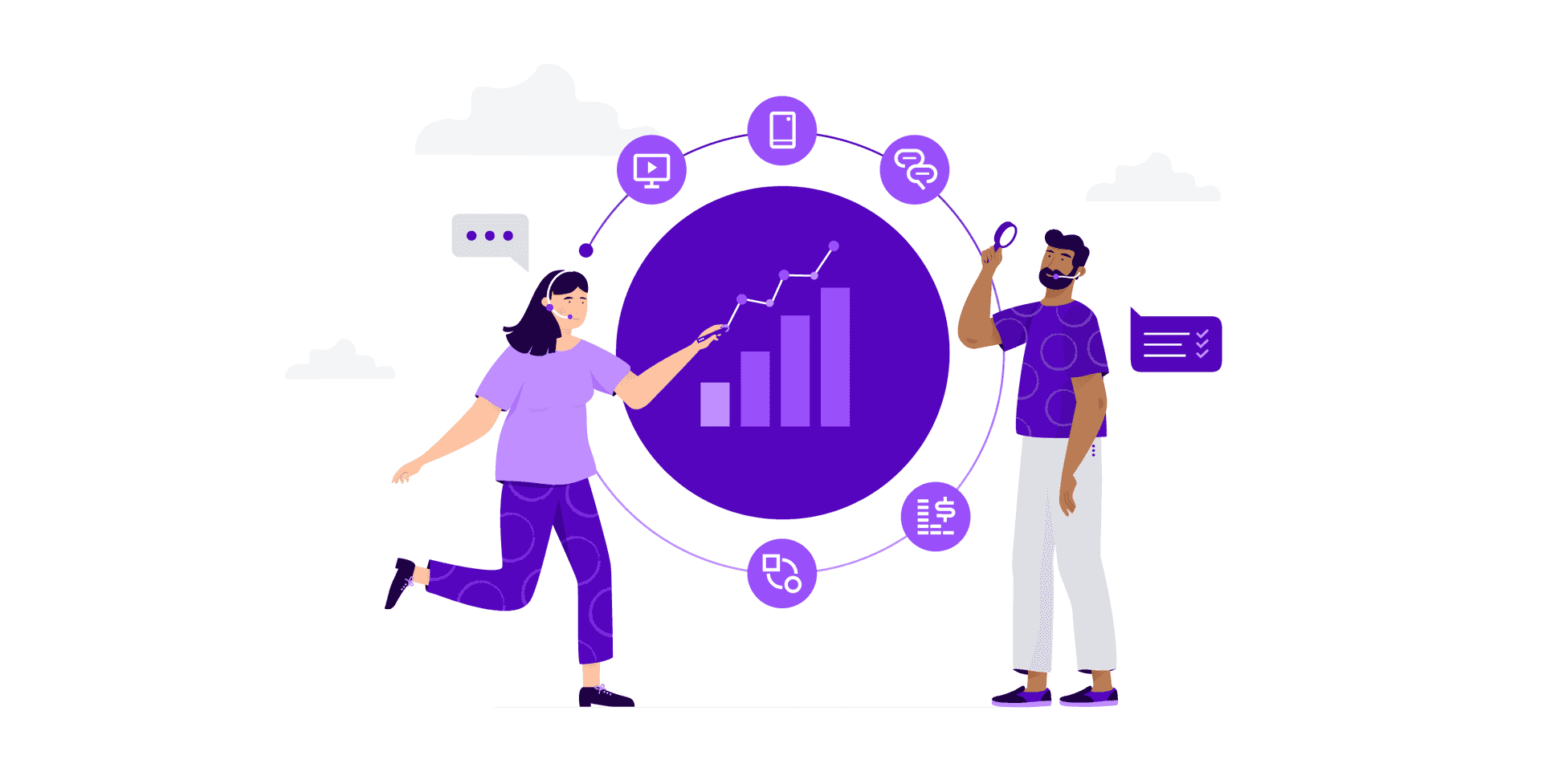 Woman and man pointing to a circle with icons for UCaaS channels pointing to a rising bar graph