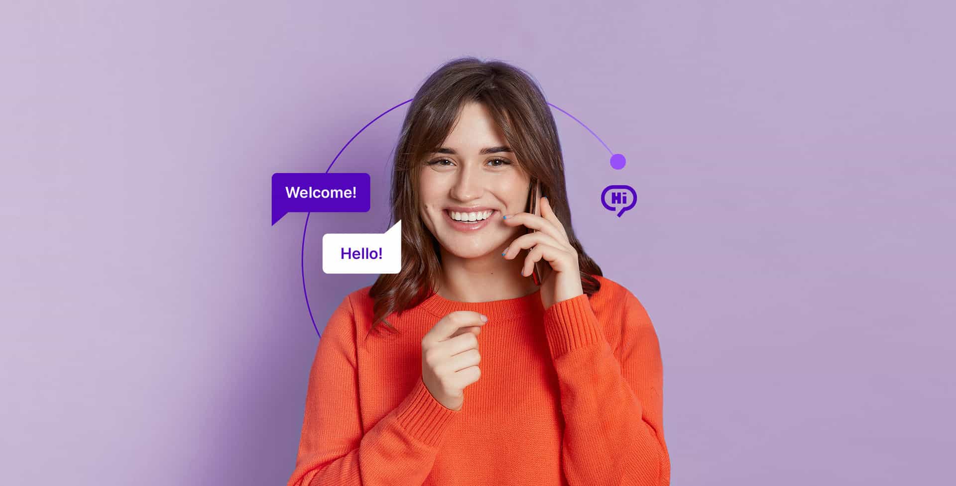 Woman happy with the phone greetings from the contact center