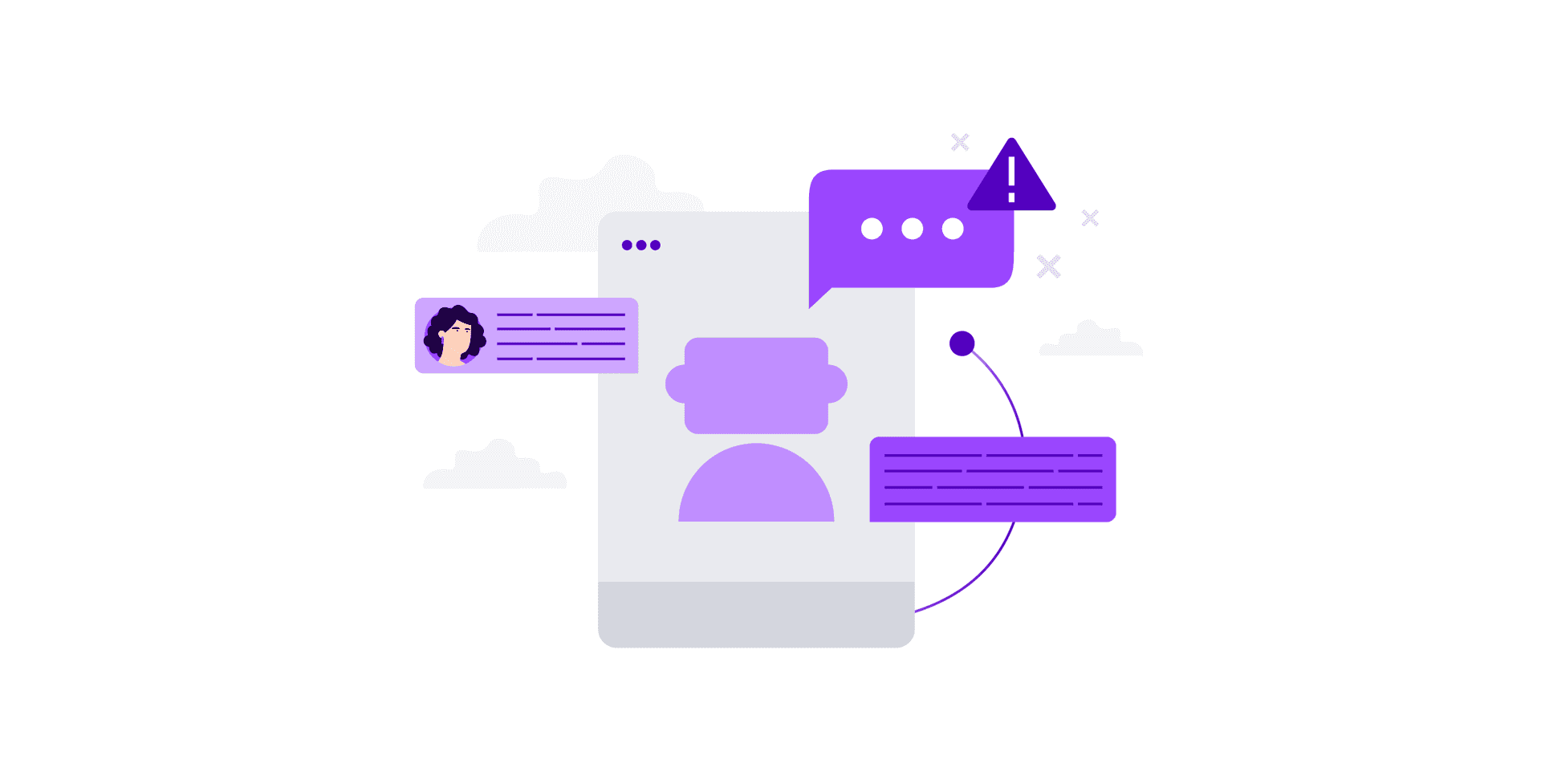 Screen with a robot and 3 boxes with dialogue windows between the bot and a woman. One dialogue box has a warning sign because the chatbot failed to understand the woman’s request