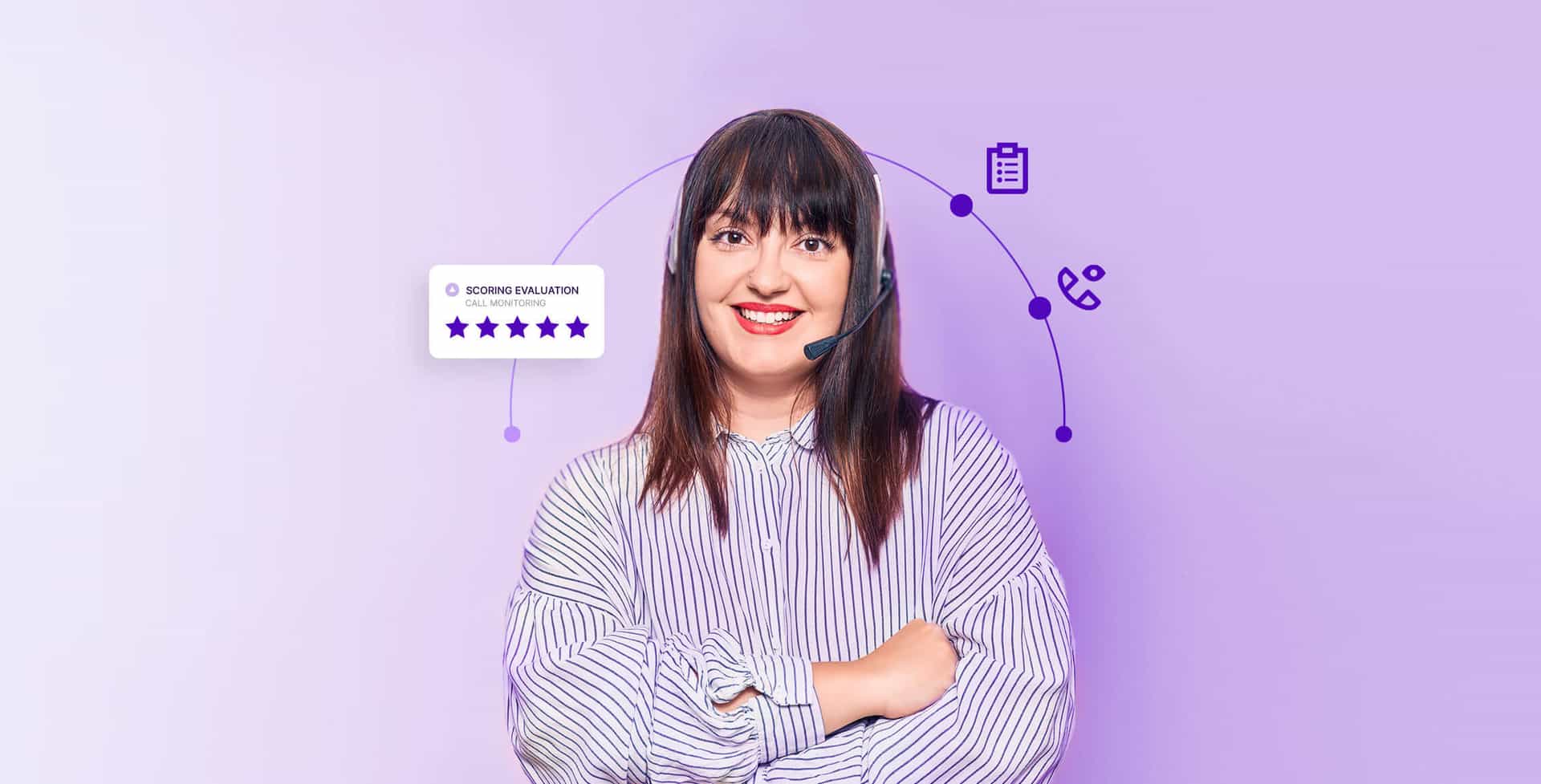 happy woman with headsets, a phone icon and a file icon connected to a call center scoring evaluation form