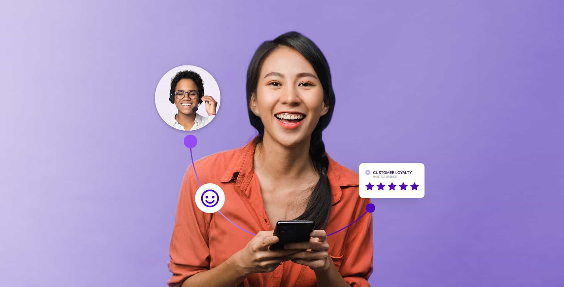 A woman smiles while handling a phone, interacting with a customer service agent